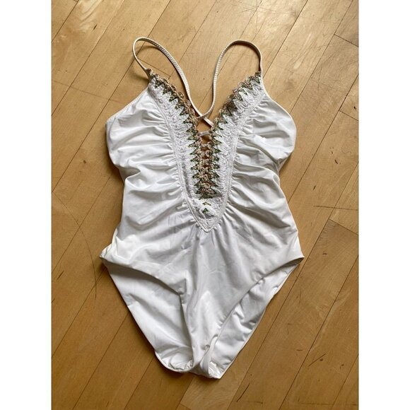 BECCA "Layla" plunge one-piece womens white swimsuit sz Large - Picture 2 of 7
